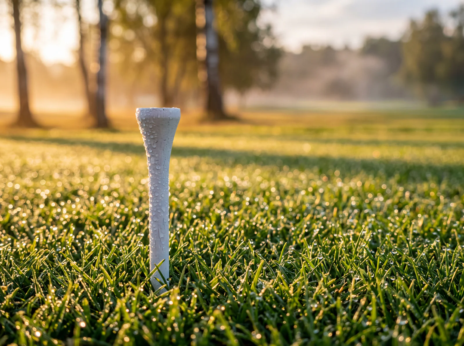 A dew-covered white wooden golf tee in morning grass at sunrise
