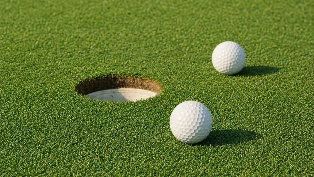 Two golf balls resting next to the cup on a Birchbank green