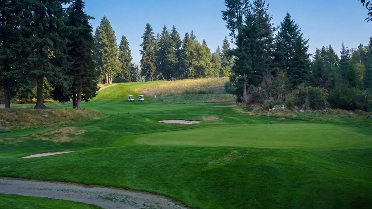 A wide green at Birchbank flanked by sand bunkers, with a cart parked on the cart path and trees framing the approach
